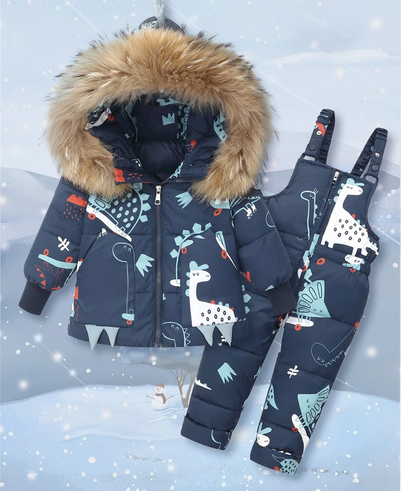 Winter Jackets for Kids Snowsuits Girl Duck Down Coat Boy Fur Collar Outerwear Children Suits Dinosaur Overalls Baby Jumpsuits