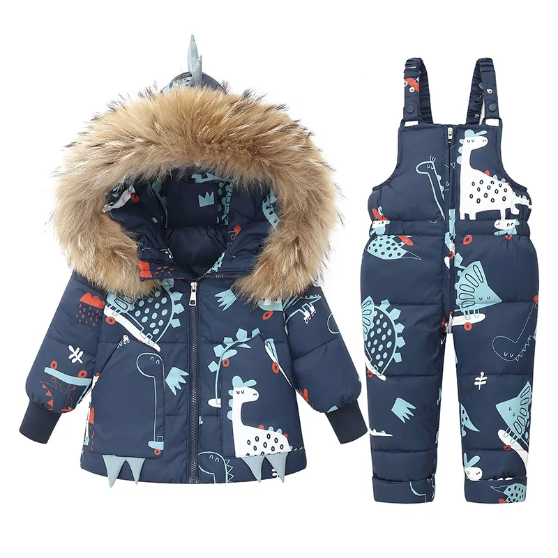 Winter Jackets for Kids Snowsuits Girl Duck Down Coat Boy Fur Collar Outerwear Children Suits Dinosaur Overalls Baby Jumpsuits