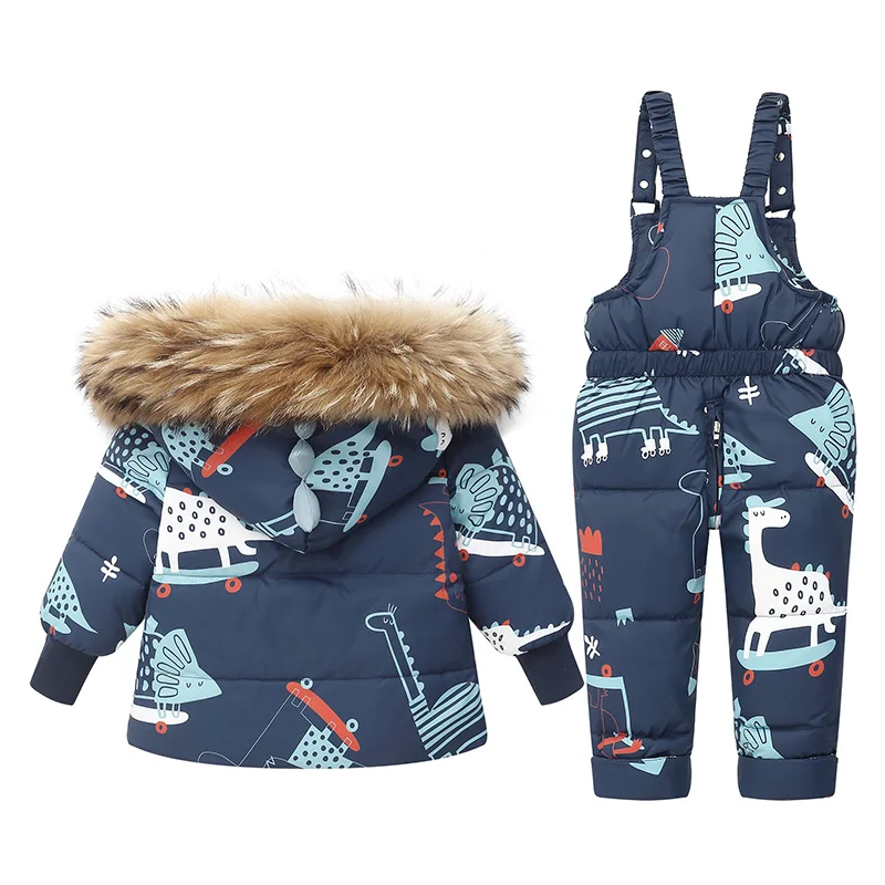 Winter Jackets for Kids Snowsuits Girl Duck Down Coat Boy Fur Collar Outerwear Children Suits Dinosaur Overalls Baby Jumpsuits