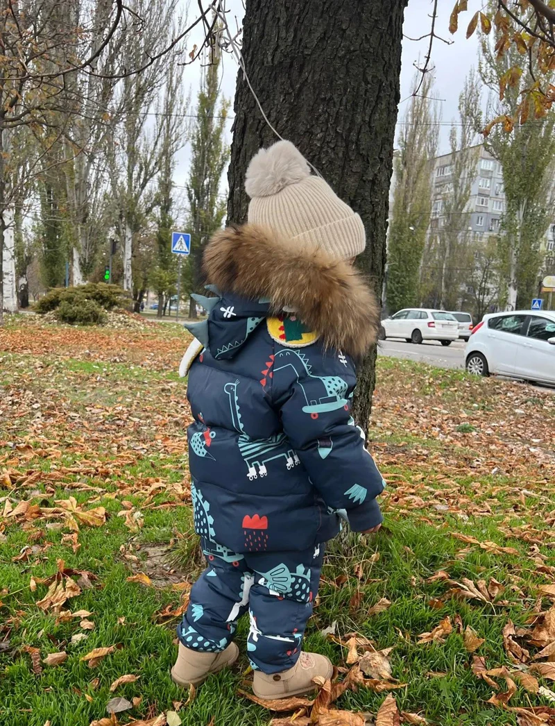Winter Jackets for Kids Snowsuits Girl Duck Down Coat Boy Fur Collar Outerwear Children Suits Dinosaur Overalls Baby Jumpsuits