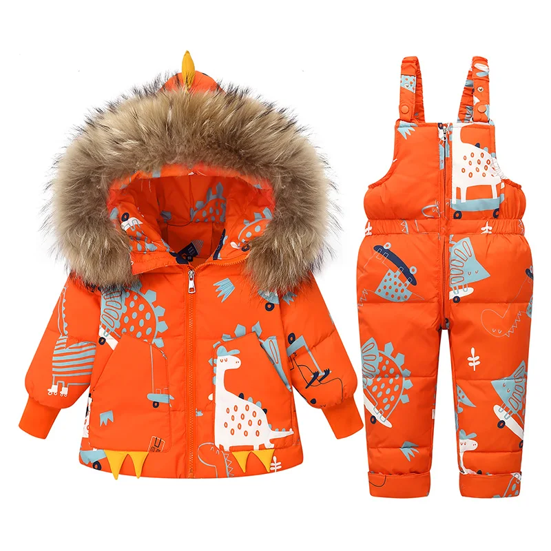 Winter Jackets for Kids Snowsuits Girl Duck Down Coat Boy Fur Collar Outerwear Children Suits Dinosaur Overalls Baby Jumpsuits