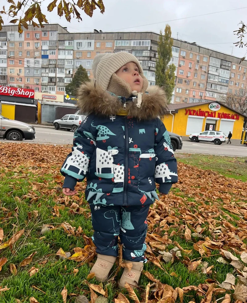 Winter Jackets for Kids Snowsuits Girl Duck Down Coat Boy Fur Collar Outerwear Children Suits Dinosaur Overalls Baby Jumpsuits