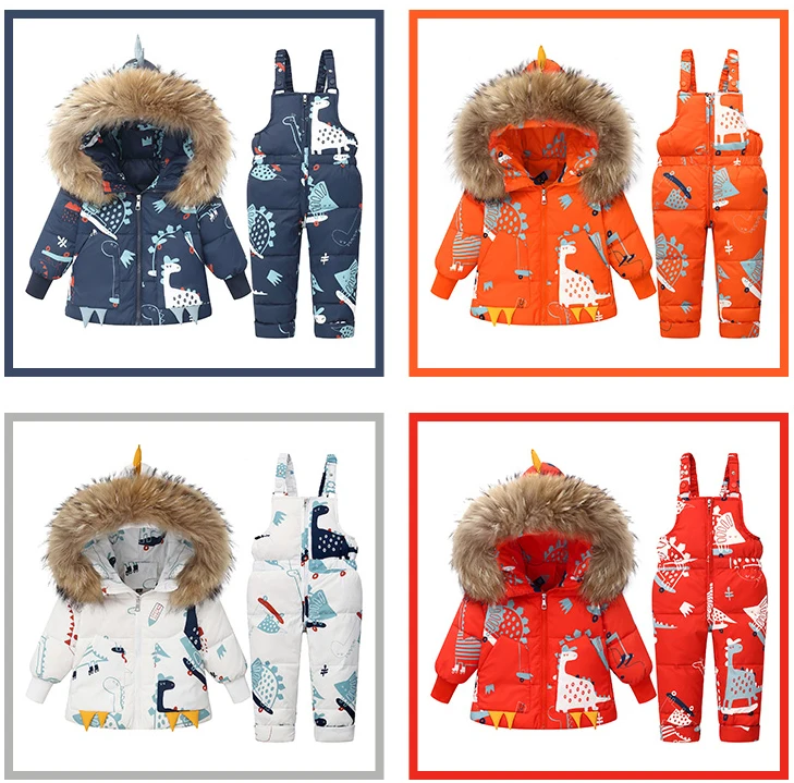 Winter Jackets for Kids Snowsuits Girl Duck Down Coat Boy Fur Collar Outerwear Children Suits Dinosaur Overalls Baby Jumpsuits