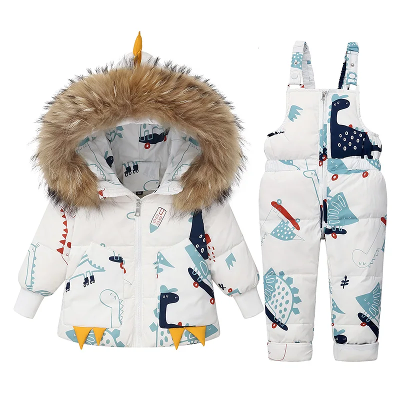 Winter Jackets for Kids Snowsuits Girl Duck Down Coat Boy Fur Collar Outerwear Children Suits Dinosaur Overalls Baby Jumpsuits