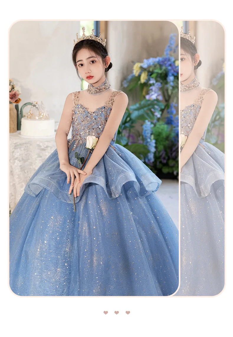 Blue Halter Sleeveless Girls' Dress Luxurious Niche Flower Girl Performance Dress Children's Birthday Puffy Tulle Princess Dress