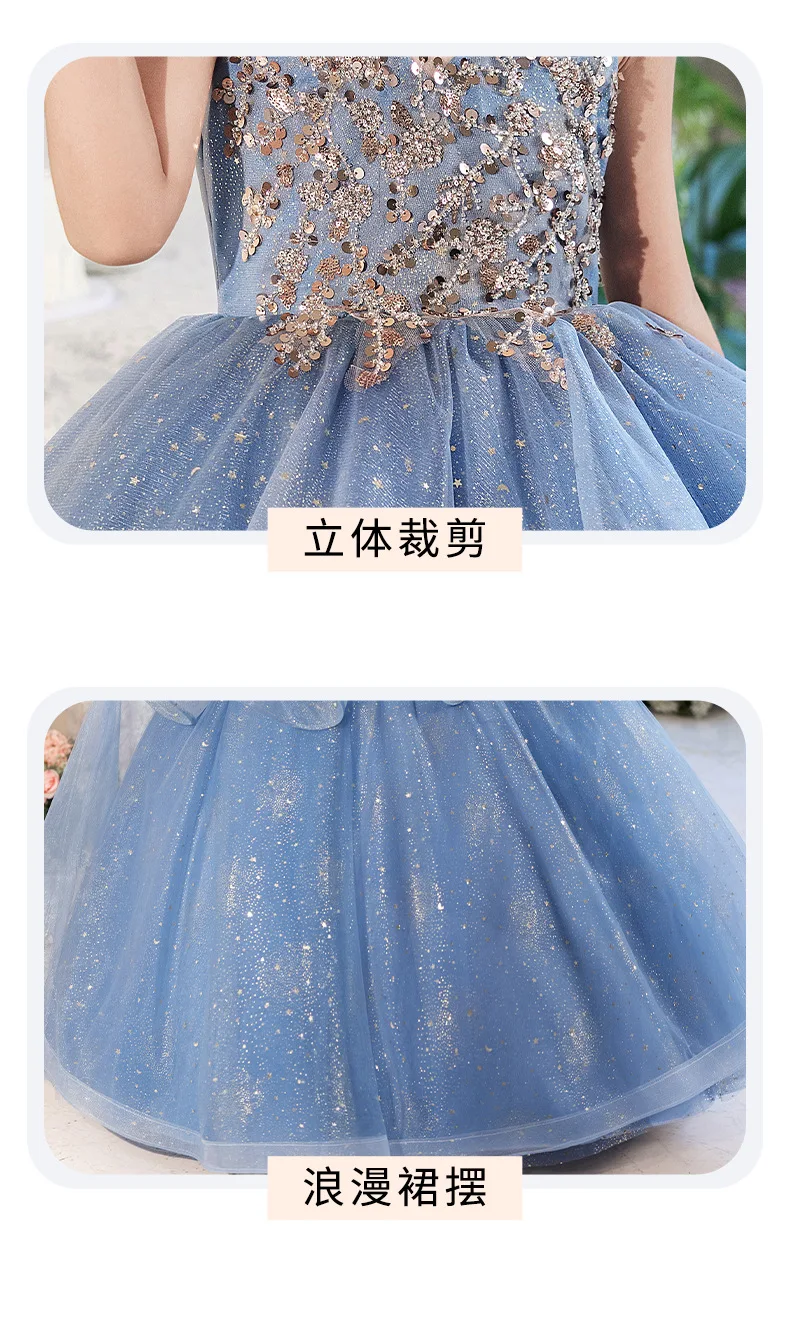 Blue Halter Sleeveless Girls' Dress Luxurious Niche Flower Girl Performance Dress Children's Birthday Puffy Tulle Princess Dress