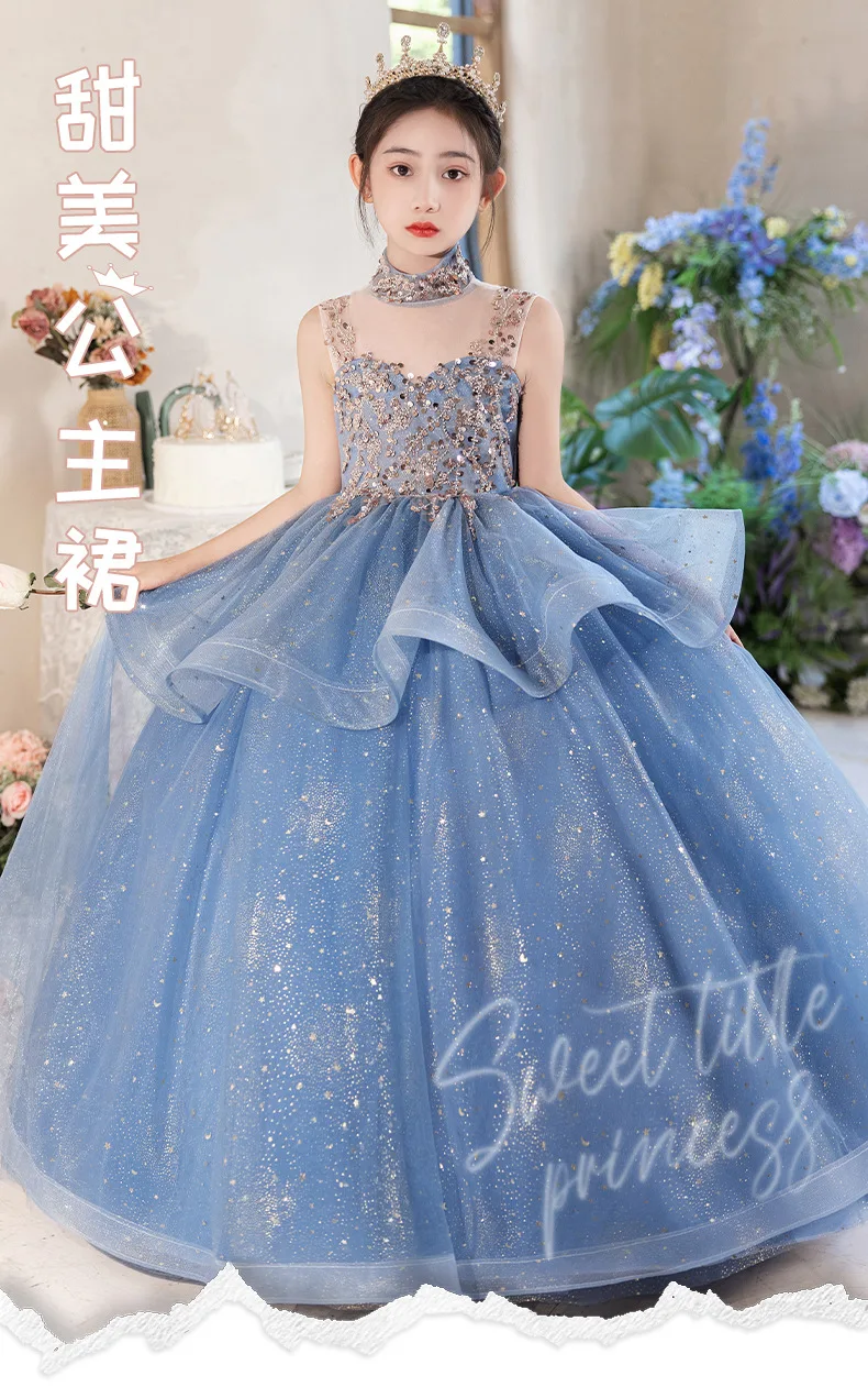 Blue Halter Sleeveless Girls' Dress Luxurious Niche Flower Girl Performance Dress Children's Birthday Puffy Tulle Princess Dress