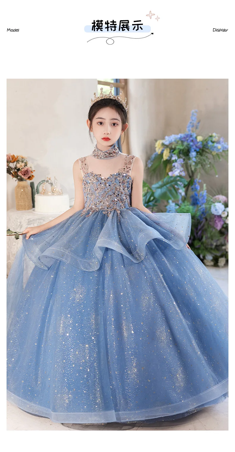 Blue Halter Sleeveless Girls' Dress Luxurious Niche Flower Girl Performance Dress Children's Birthday Puffy Tulle Princess Dress