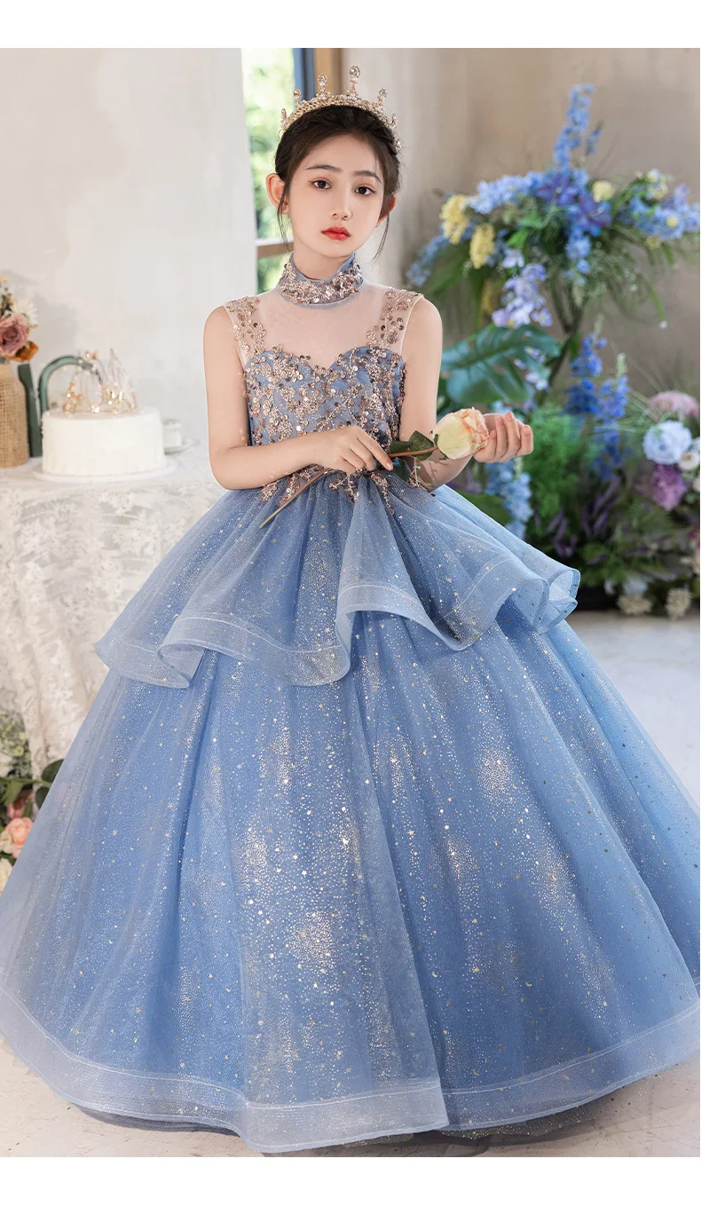 Blue Halter Sleeveless Girls' Dress Luxurious Niche Flower Girl Performance Dress Children's Birthday Puffy Tulle Princess Dress
