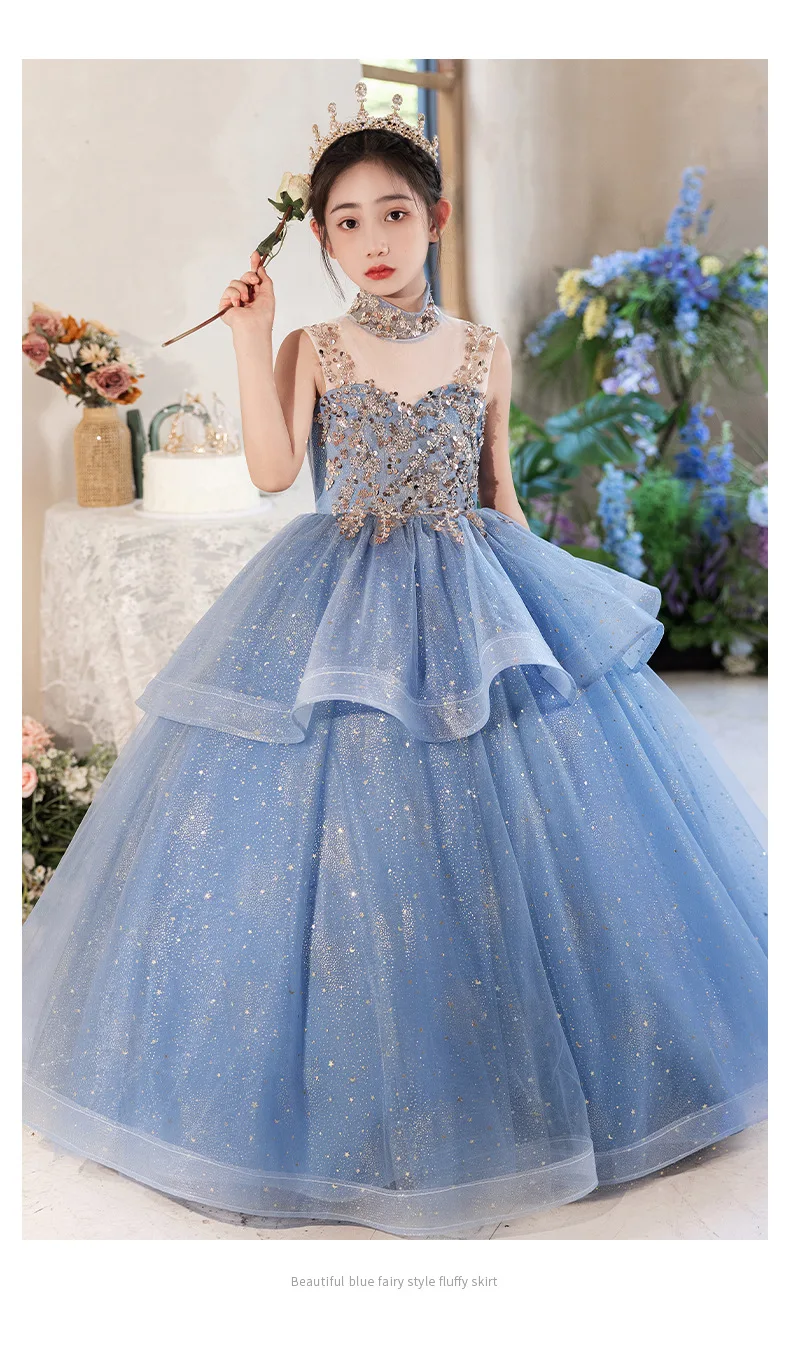 Blue Halter Sleeveless Girls' Dress Luxurious Niche Flower Girl Performance Dress Children's Birthday Puffy Tulle Princess Dress