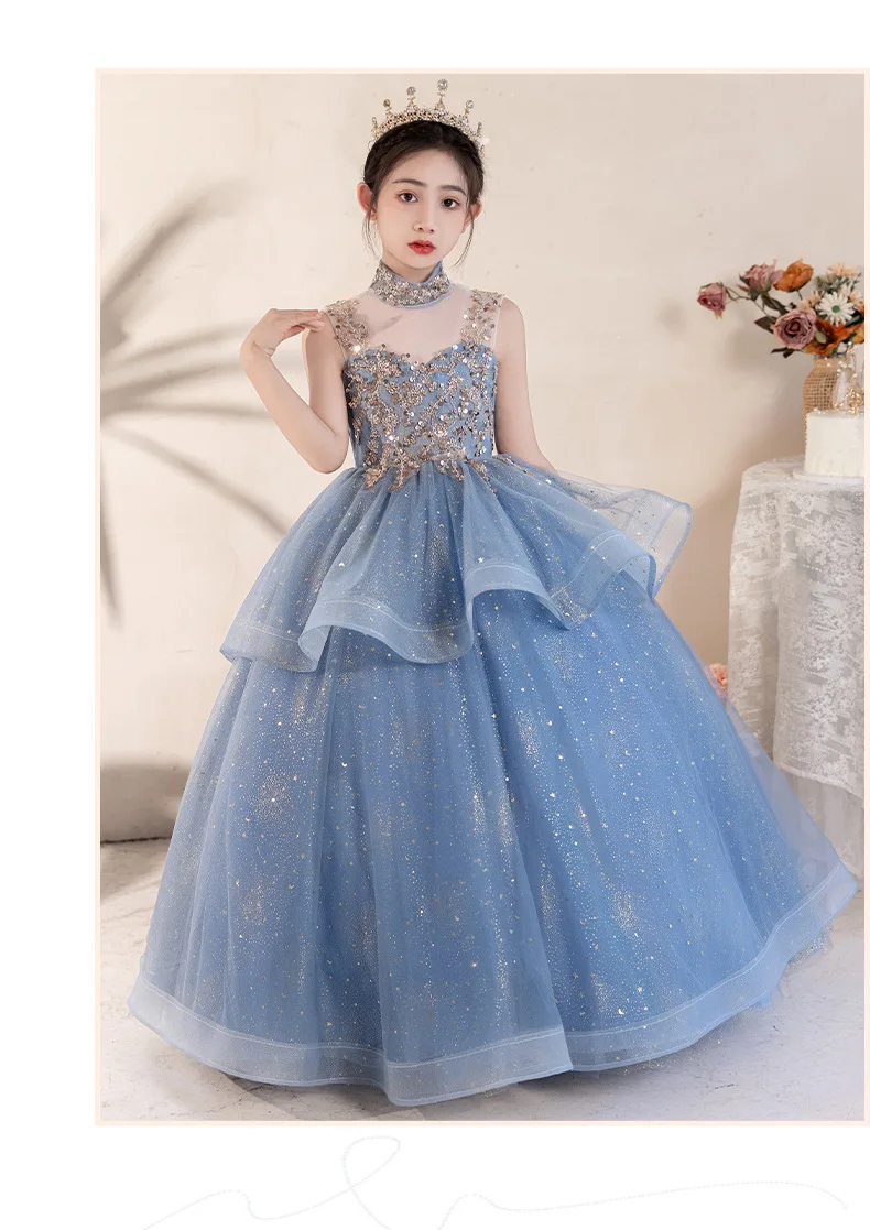 Blue Halter Sleeveless Girls' Dress Luxurious Niche Flower Girl Performance Dress Children's Birthday Puffy Tulle Princess Dress