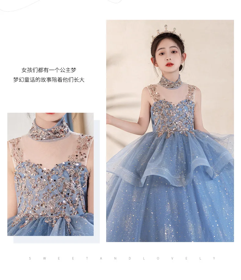 Blue Halter Sleeveless Girls' Dress Luxurious Niche Flower Girl Performance Dress Children's Birthday Puffy Tulle Princess Dress