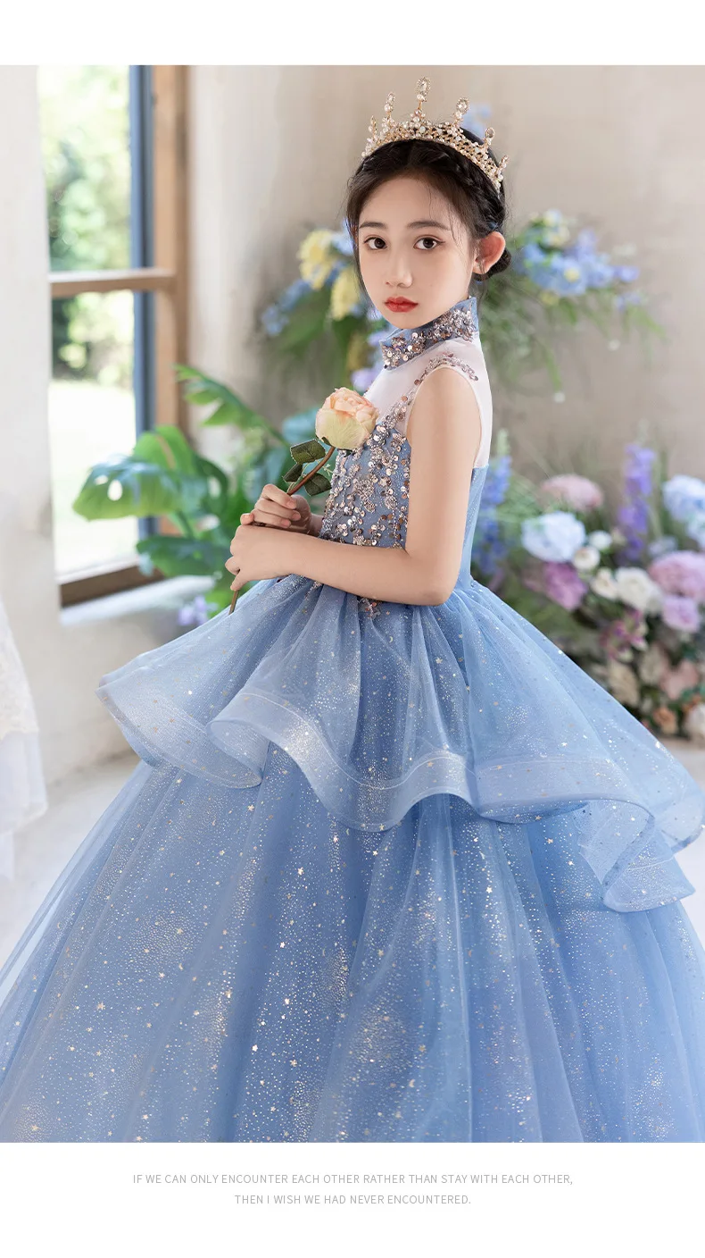 Blue Halter Sleeveless Girls' Dress Luxurious Niche Flower Girl Performance Dress Children's Birthday Puffy Tulle Princess Dress