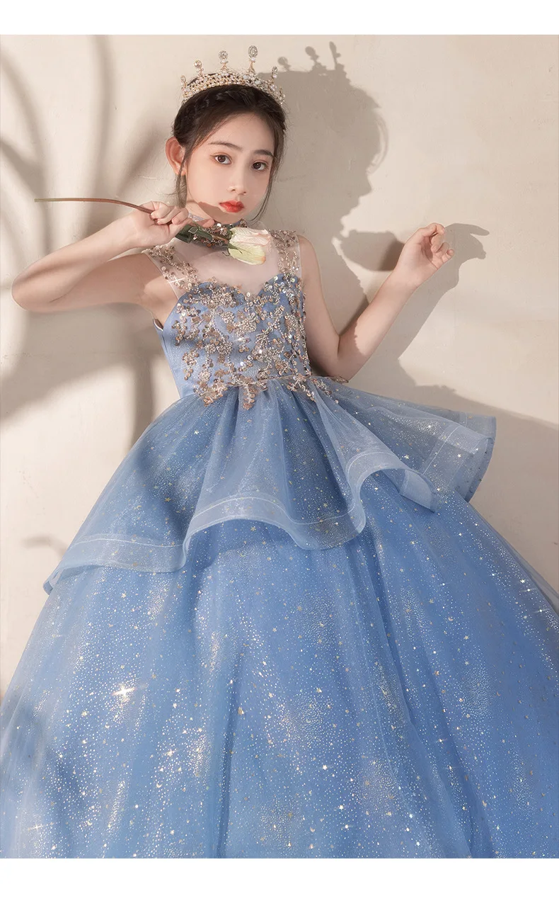 Blue Halter Sleeveless Girls' Dress Luxurious Niche Flower Girl Performance Dress Children's Birthday Puffy Tulle Princess Dress