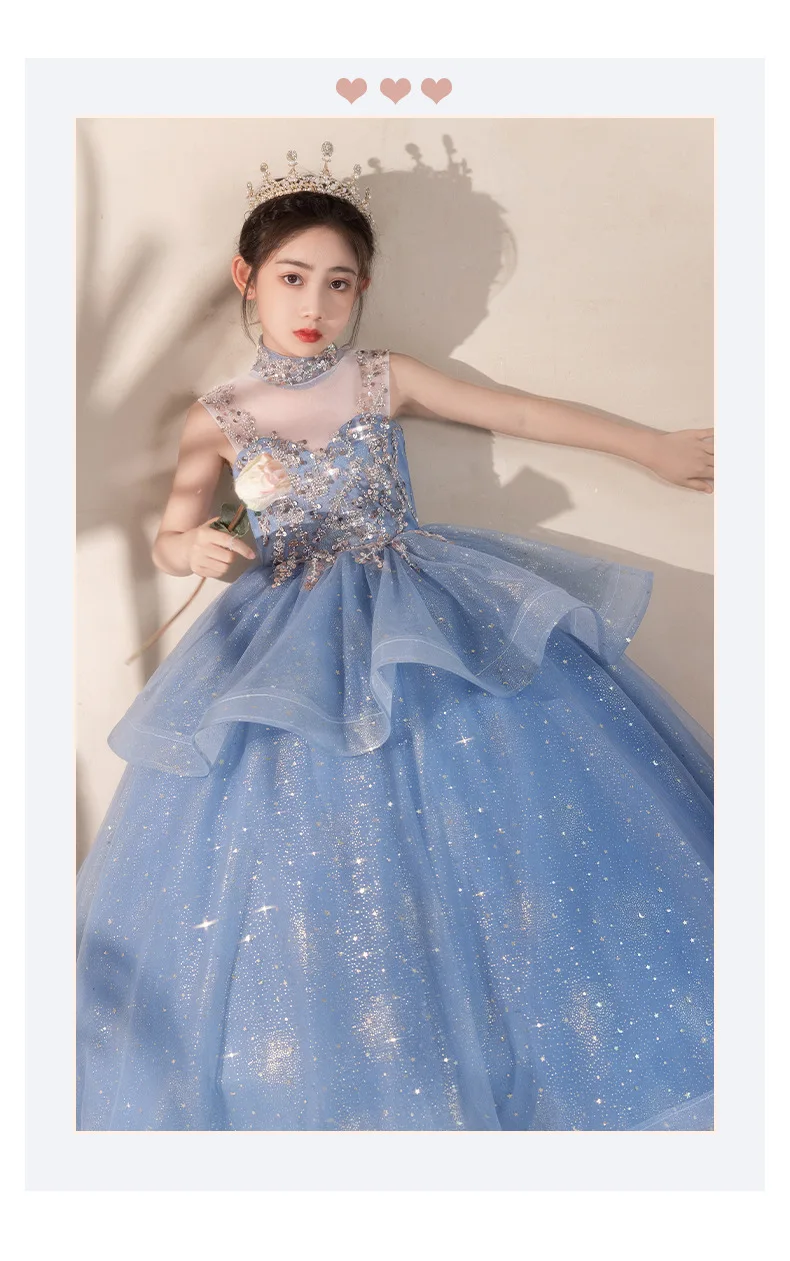 Blue Halter Sleeveless Girls' Dress Luxurious Niche Flower Girl Performance Dress Children's Birthday Puffy Tulle Princess Dress