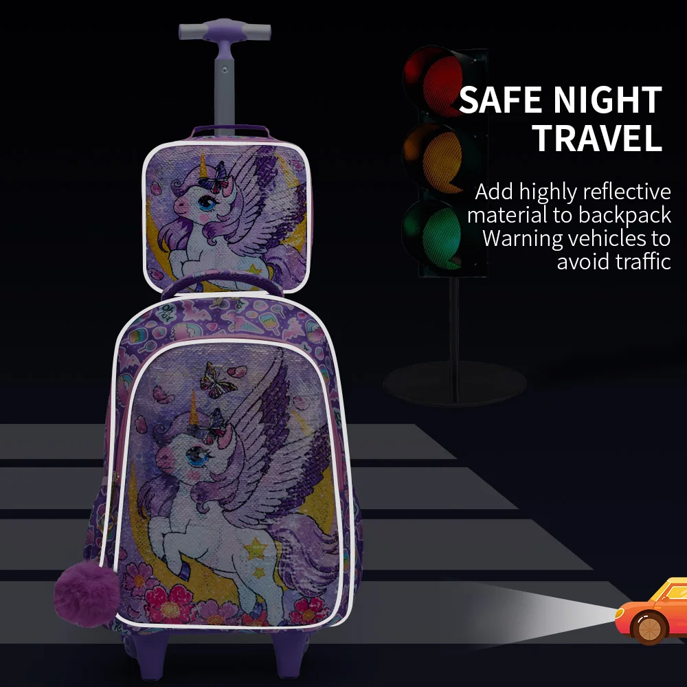 3PCS Set Rolling Backpack For Girls, Cute Cartoon Moon Unicorn Sequin Design Wheeled Bags With Lunch Box And Pen Bag-Purple