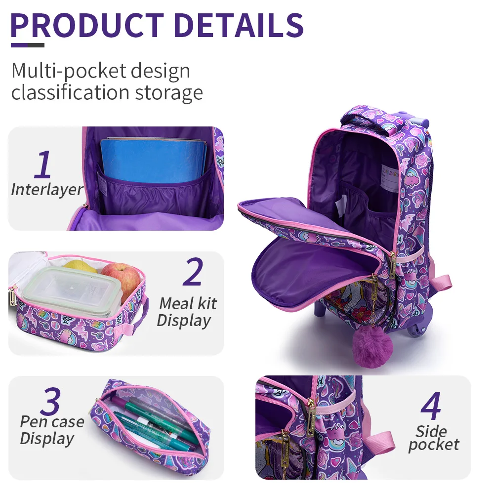 3PCS Set Rolling Backpack For Girls, Cute Cartoon Moon Unicorn Sequin Design Wheeled Bags With Lunch Box And Pen Bag-Purple