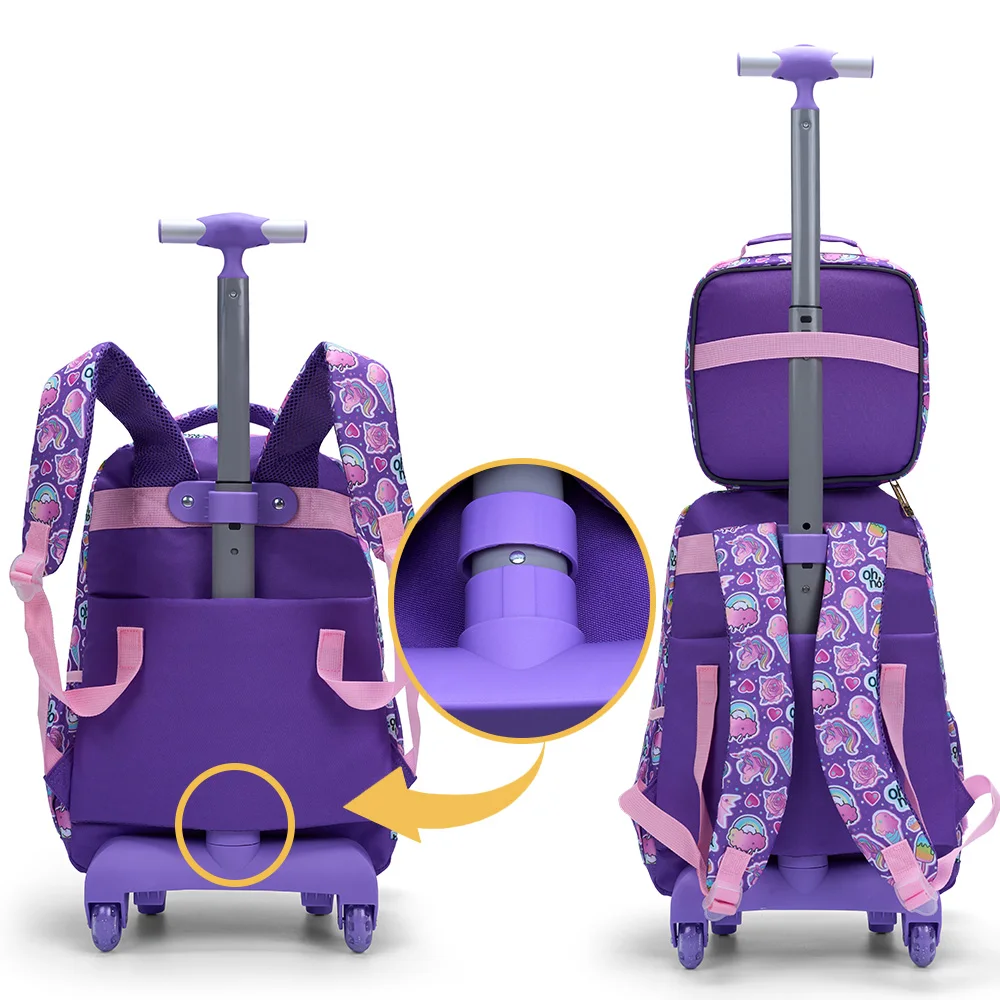 3PCS Set Rolling Backpack For Girls, Cute Cartoon Moon Unicorn Sequin Design Wheeled Bags With Lunch Box And Pen Bag-Purple