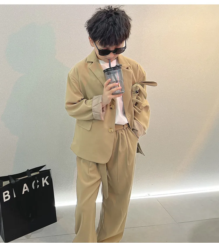 School Boys Suits Casual Blazer Wide-legged Trousers Two Piece Kids Clothes Set Khaki Loose Children Wedding Birthday Costumes
