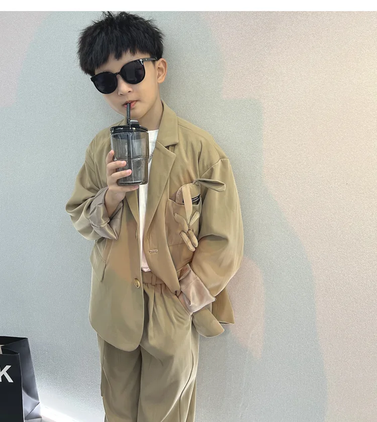 School Boys Suits Casual Blazer Wide-legged Trousers Two Piece Kids Clothes Set Khaki Loose Children Wedding Birthday Costumes