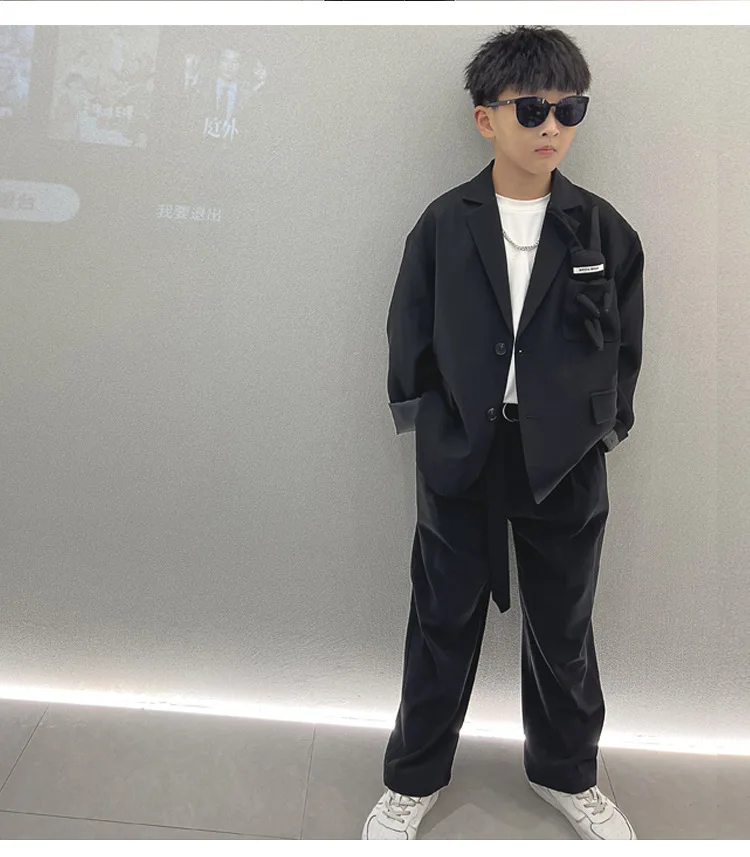 School Boys Suits Casual Blazer Wide-legged Trousers Two Piece Kids Clothes Set Khaki Loose Children Wedding Birthday Costumes