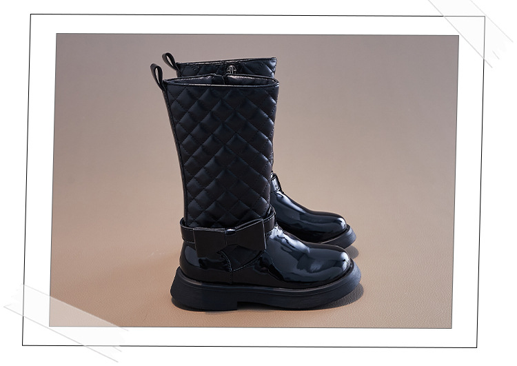 Girls Black Boots Glossy 2024 Side Zipper Children High Boots Bow Kids Versatile Casual Shoes for Catwalk Britain Style Non-slip