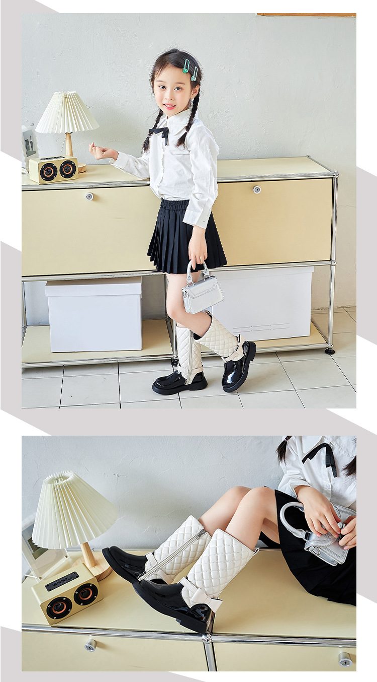 Girls Black Boots Glossy 2024 Side Zipper Children High Boots Bow Kids Versatile Casual Shoes for Catwalk Britain Style Non-slip