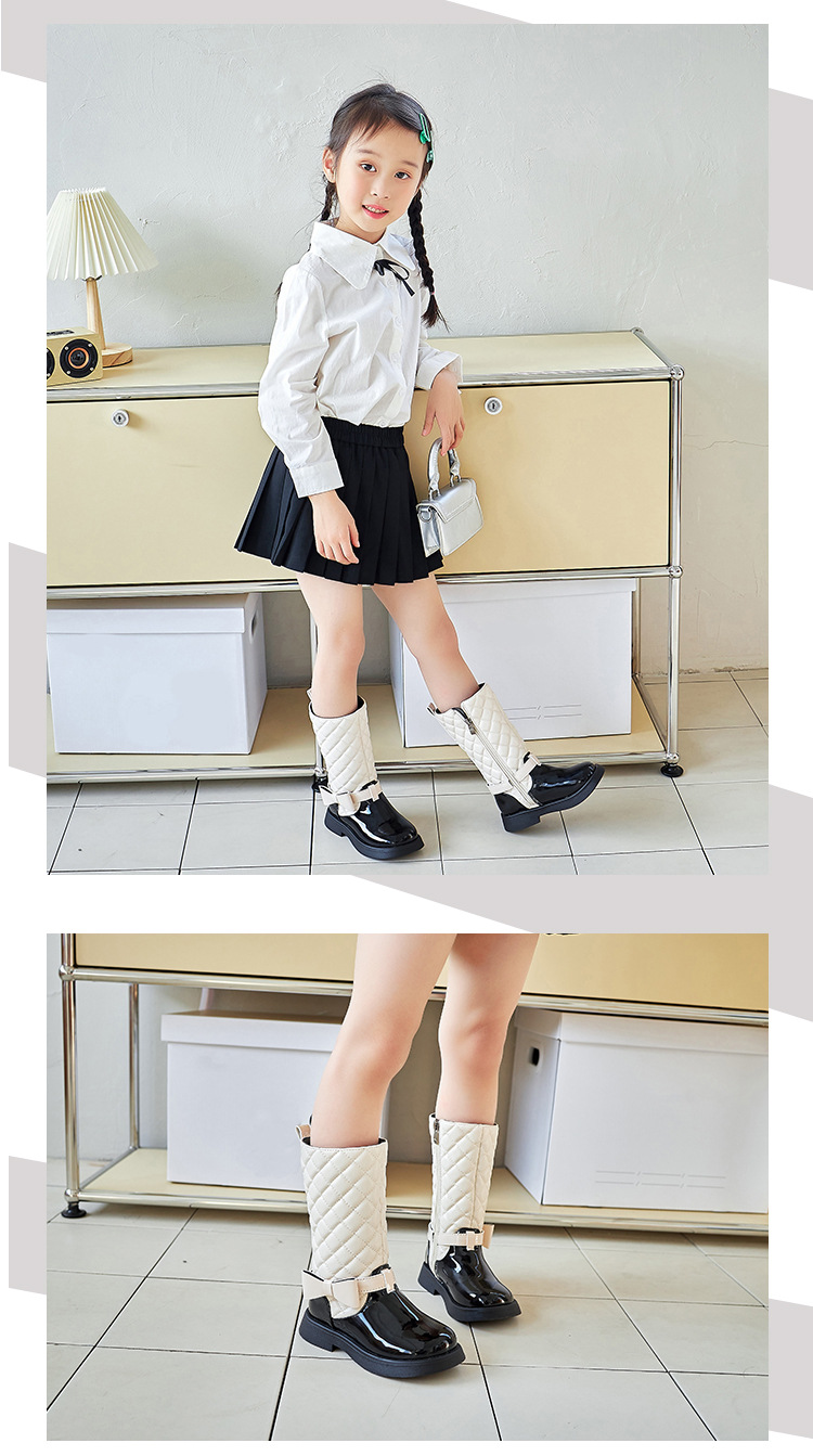 Girls Black Boots Glossy 2024 Side Zipper Children High Boots Bow Kids Versatile Casual Shoes for Catwalk Britain Style Non-slip