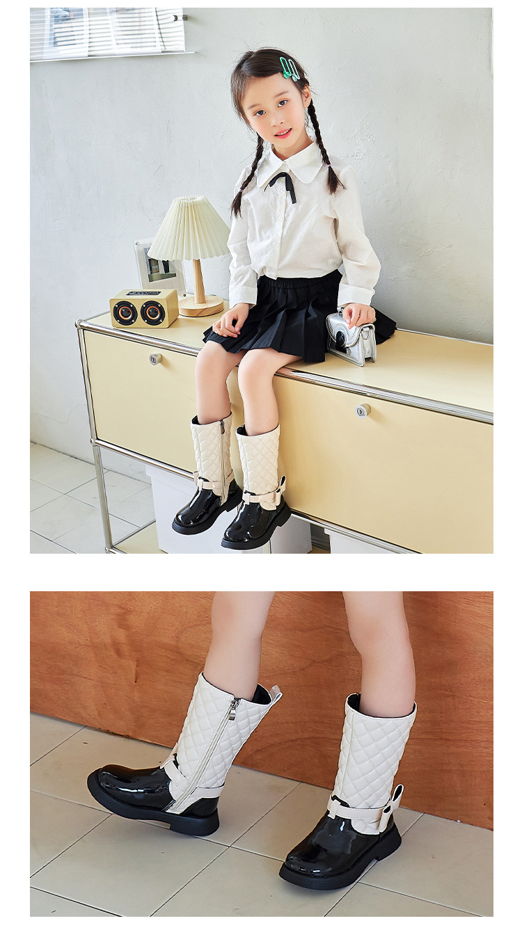 Girls Black Boots Glossy 2024 Side Zipper Children High Boots Bow Kids Versatile Casual Shoes for Catwalk Britain Style Non-slip