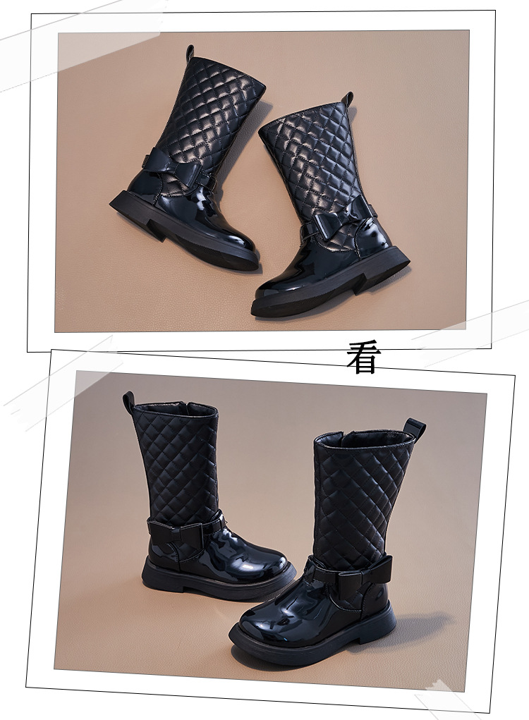 Girls Black Boots Glossy 2024 Side Zipper Children High Boots Bow Kids Versatile Casual Shoes for Catwalk Britain Style Non-slip