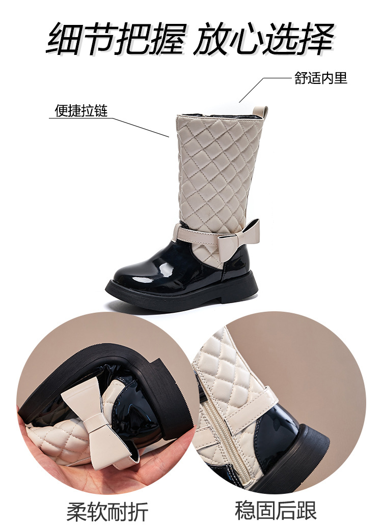 Girls Black Boots Glossy 2024 Side Zipper Children High Boots Bow Kids Versatile Casual Shoes for Catwalk Britain Style Non-slip