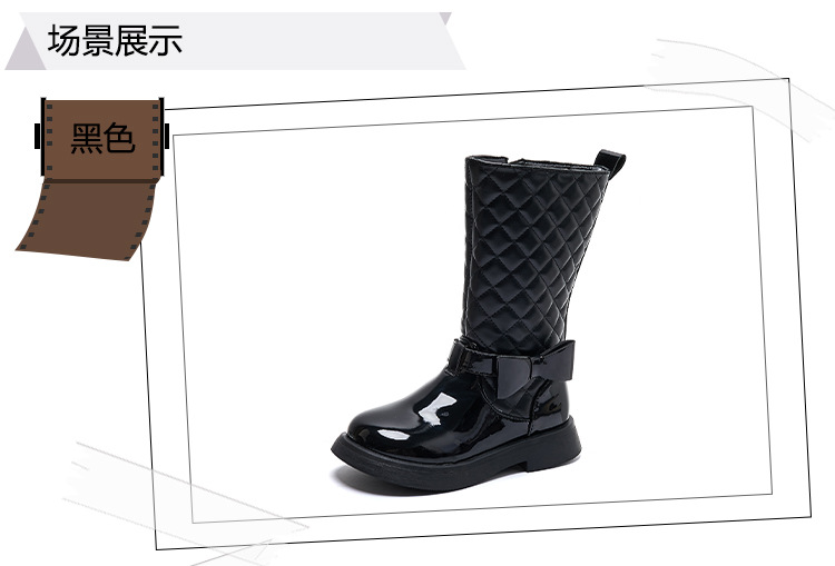 Girls Black Boots Glossy 2024 Side Zipper Children High Boots Bow Kids Versatile Casual Shoes for Catwalk Britain Style Non-slip