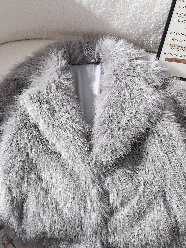 Gray Fox Fur Coat, Faux Fur Warm Coat, Eco-Friendly Fur Coat for Older Children, Warm and Windproof Coat for Boys and Girls, Mid-Length Mink Fur Coat with Double Side Pockets, Turn-Down Collar, Fashionable Commuter Coat, Versatile Fur Outerwear, New Autumn and Winter Model, New Year Gift Fur Coat