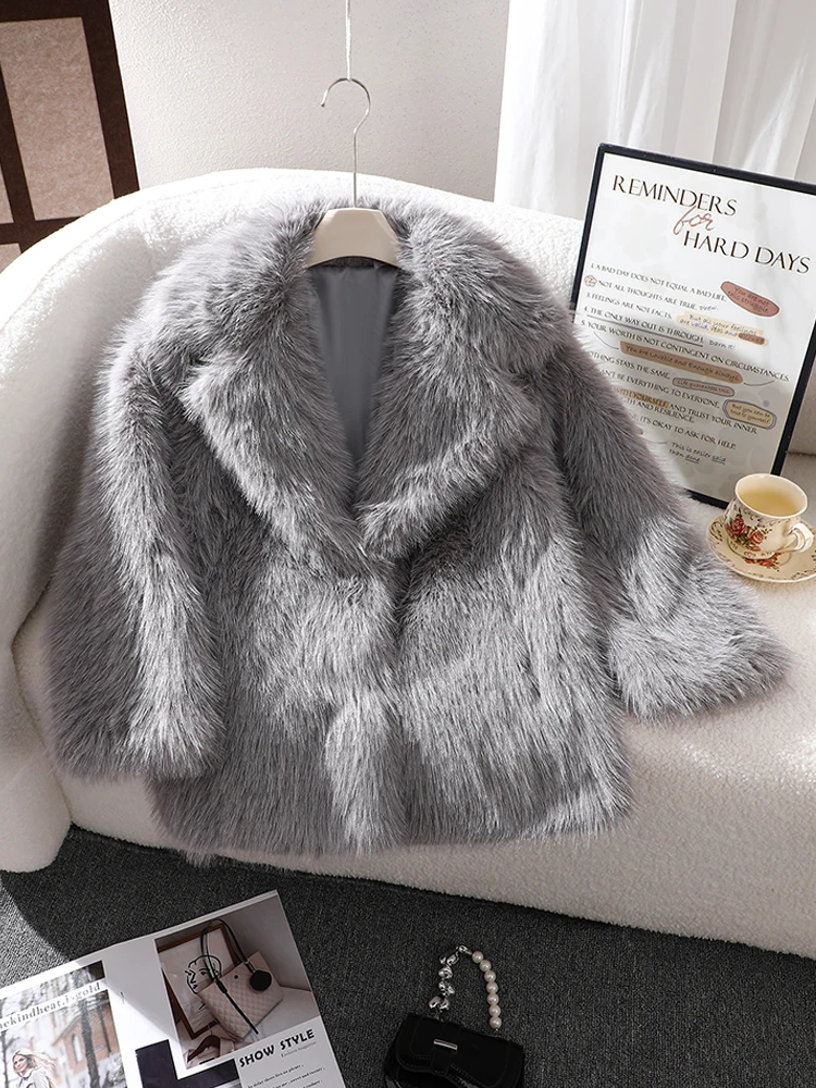 Gray Fox Fur Coat, Faux Fur Warm Coat, Eco-Friendly Fur Coat for Older Children, Warm and Windproof Coat for Boys and Girls, Mid-Length Mink Fur Coat with Double Side Pockets, Turn-Down Collar, Fashionable Commuter Coat, Versatile Fur Outerwear, New Autumn and Winter Model, New Year Gift Fur Coat