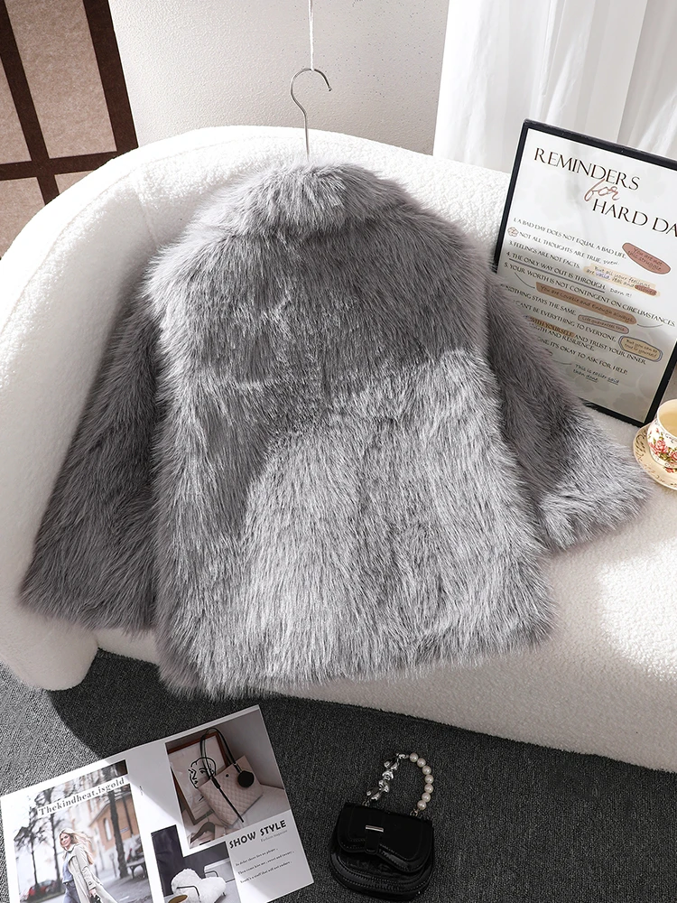 Gray Fox Fur Coat, Faux Fur Warm Coat, Eco-Friendly Fur Coat for Older Children, Warm and Windproof Coat for Boys and Girls, Mid-Length Mink Fur Coat with Double Side Pockets, Turn-Down Collar, Fashionable Commuter Coat, Versatile Fur Outerwear, New Autumn and Winter Model, New Year Gift Fur Coat