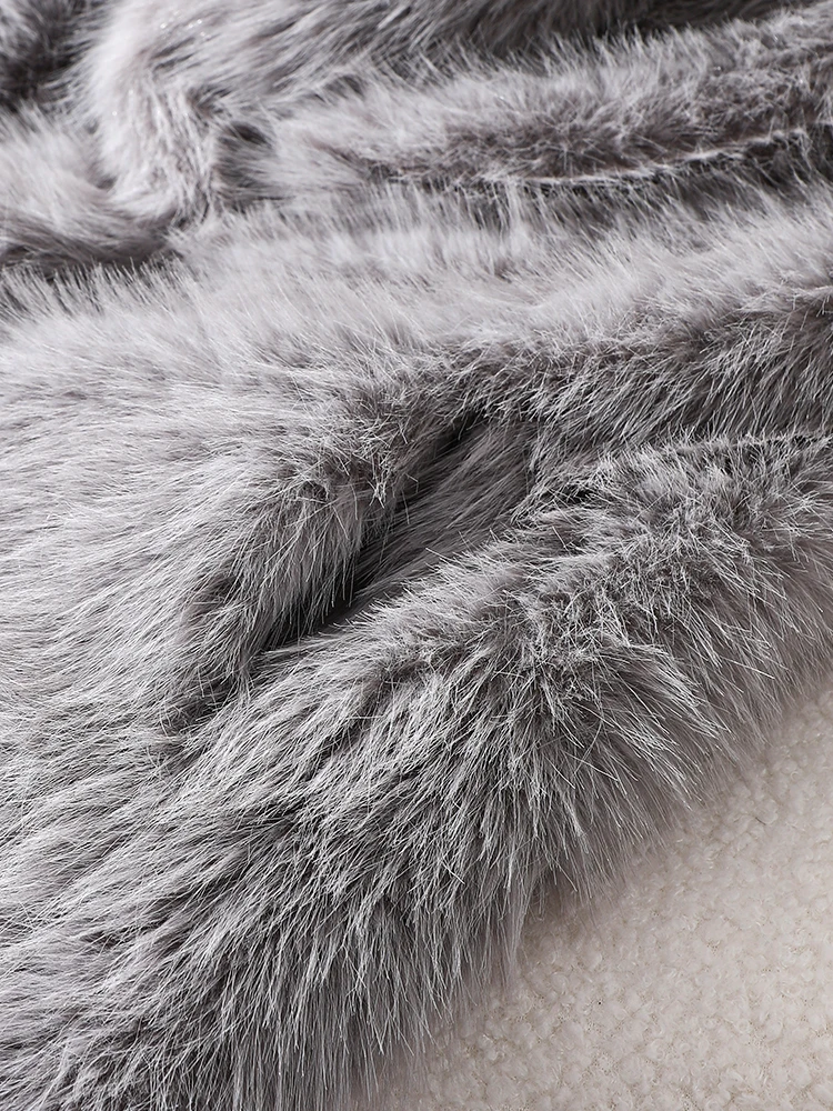 Gray Fox Fur Coat, Faux Fur Warm Coat, Eco-Friendly Fur Coat for Older Children, Warm and Windproof Coat for Boys and Girls, Mid-Length Mink Fur Coat with Double Side Pockets, Turn-Down Collar, Fashionable Commuter Coat, Versatile Fur Outerwear, New Autumn and Winter Model, New Year Gift Fur Coat