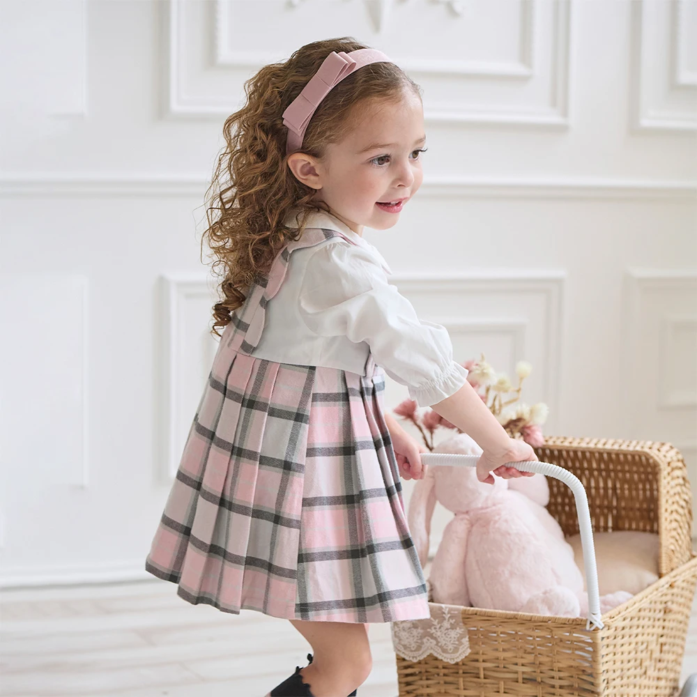 Dave Bella Children's Pure Cotton Dress Autumn Fashion Casual Girls Long Sleeved College Style Kids Plaid Dress Party DB3252638