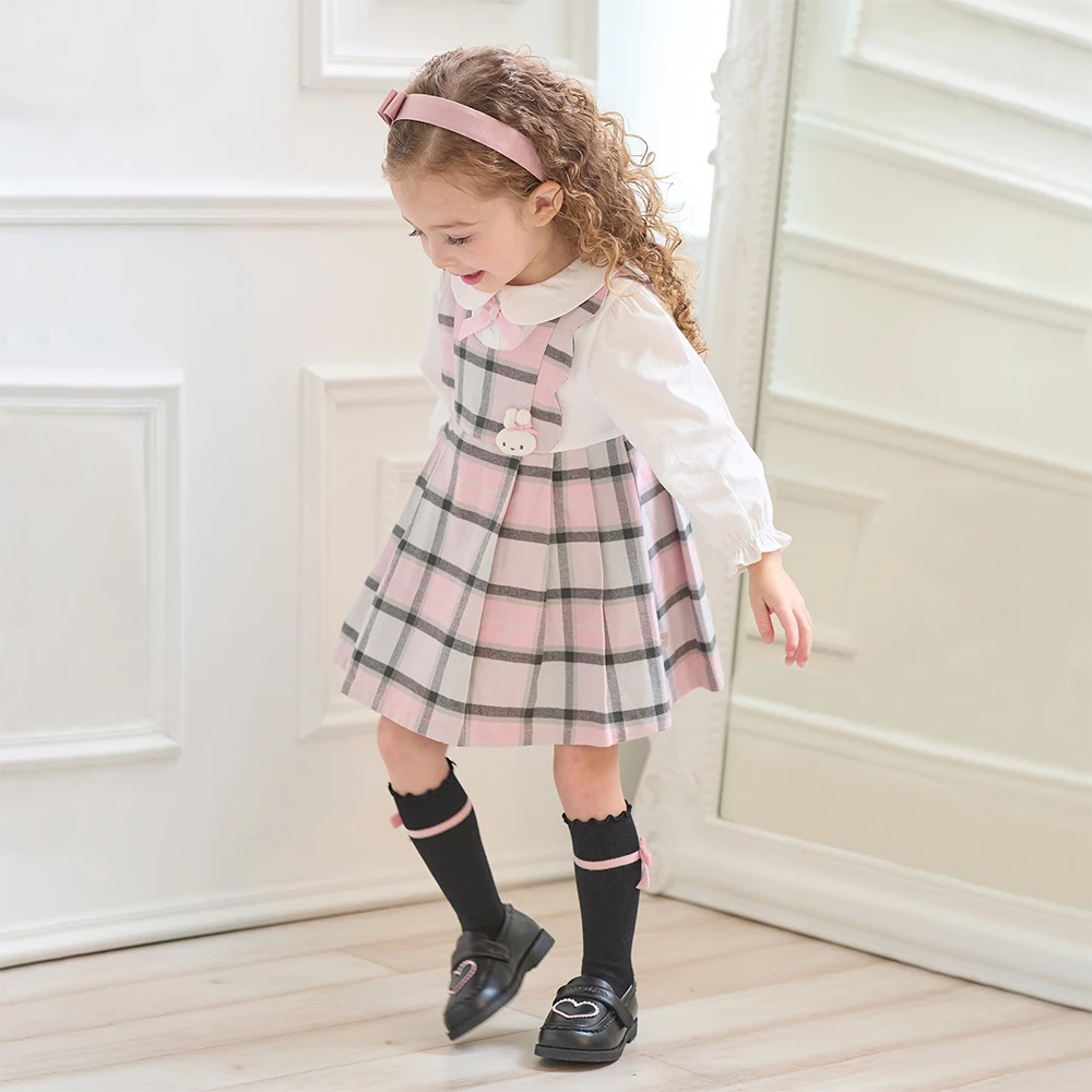 Dave Bella Children's Pure Cotton Dress Autumn Fashion Casual Girls Long Sleeved College Style Kids Plaid Dress Party DB3252638