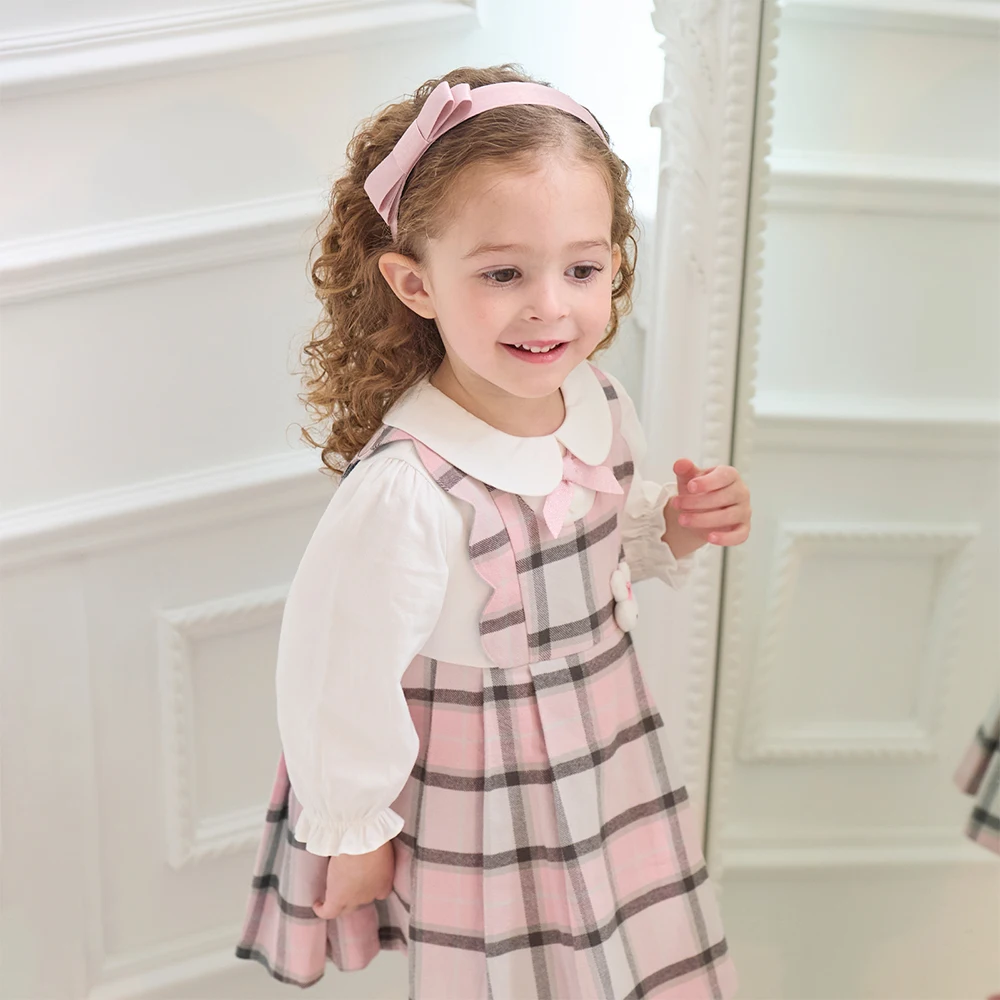 Dave Bella Children's Pure Cotton Dress Autumn Fashion Casual Girls Long Sleeved College Style Kids Plaid Dress Party DB3252638
