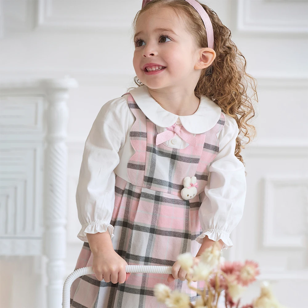 Dave Bella Children's Pure Cotton Dress Autumn Fashion Casual Girls Long Sleeved College Style Kids Plaid Dress Party DB3252638