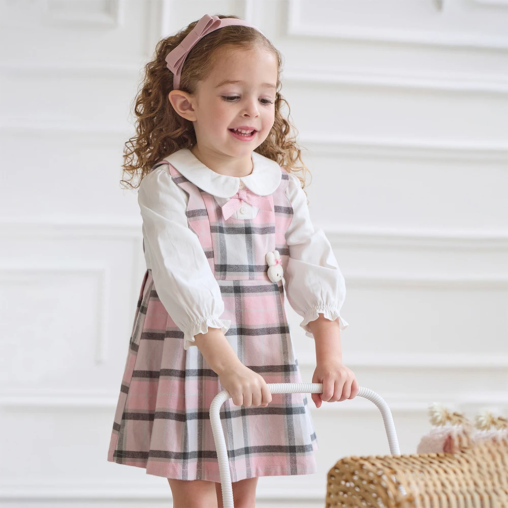 Dave Bella Children's Pure Cotton Dress Autumn Fashion Casual Girls Long Sleeved College Style Kids Plaid Dress Party DB3252638