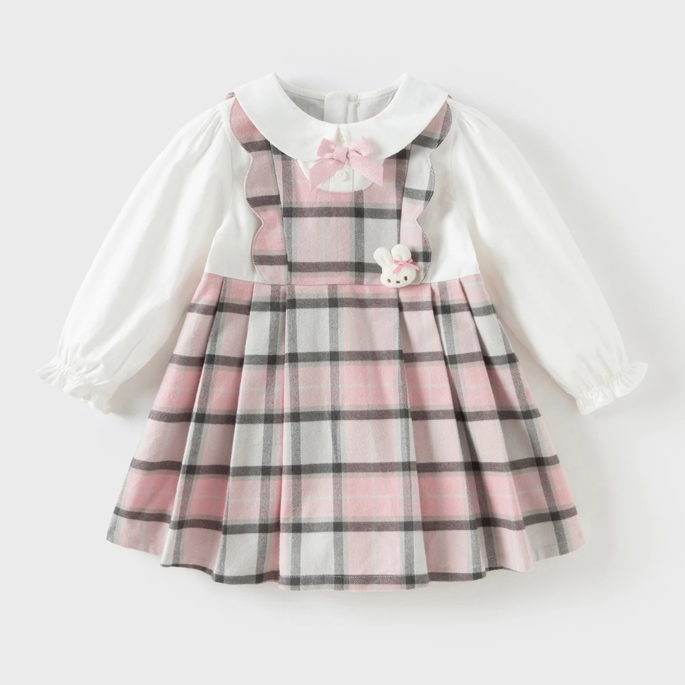 Dave Bella Children's Pure Cotton Dress Autumn Fashion Casual Girls Long Sleeved College Style Kids Plaid Dress Party DB3252638