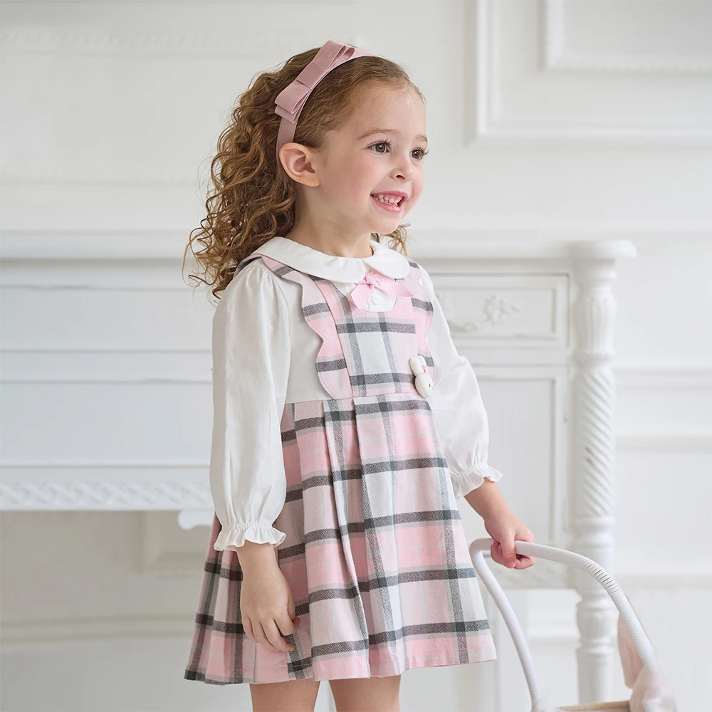 Dave Bella Children's Pure Cotton Dress Autumn Fashion Casual Girls Long Sleeved College Style Kids Plaid Dress Party DB3252638