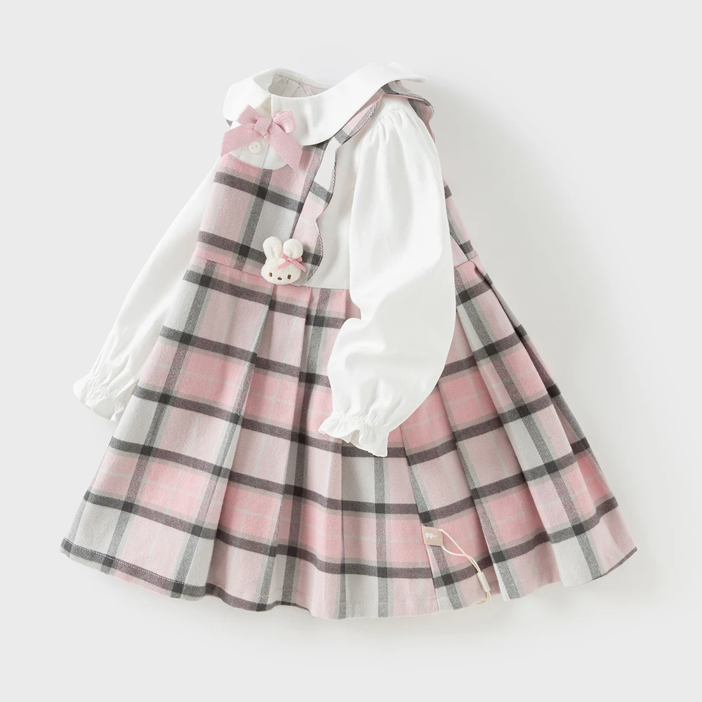 Dave Bella Children's Pure Cotton Dress Autumn Fashion Casual Girls Long Sleeved College Style Kids Plaid Dress Party DB3252638