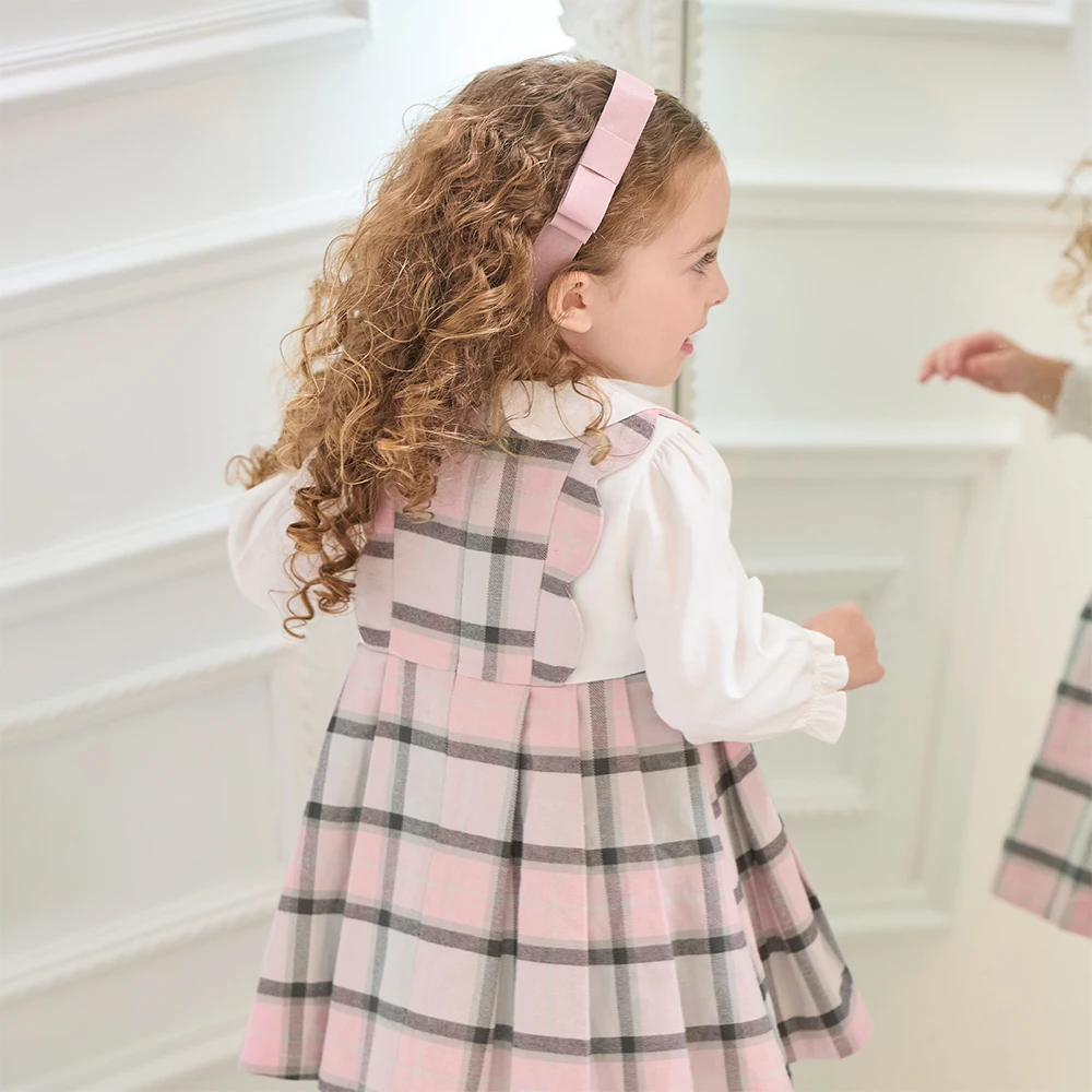 Dave Bella Children's Pure Cotton Dress Autumn Fashion Casual Girls Long Sleeved College Style Kids Plaid Dress Party DB3252638