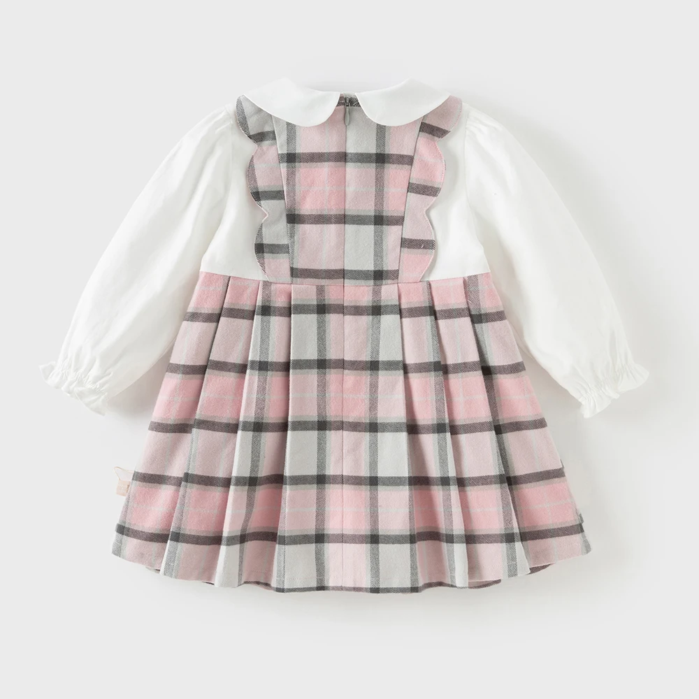 Dave Bella Children's Pure Cotton Dress Autumn Fashion Casual Girls Long Sleeved College Style Kids Plaid Dress Party DB3252638