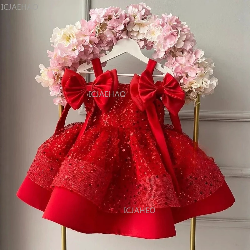 2026 New Red Girls Sequin Puffy Tulle Kids Princess Dress Children Formal Party Celebration Evening Gown Birthday Gown Dresses