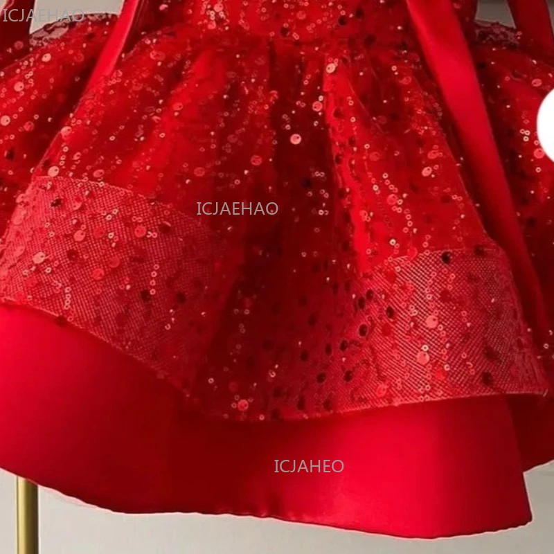 2026 New Red Girls Sequin Puffy Tulle Kids Princess Dress Children Formal Party Celebration Evening Gown Birthday Gown Dresses