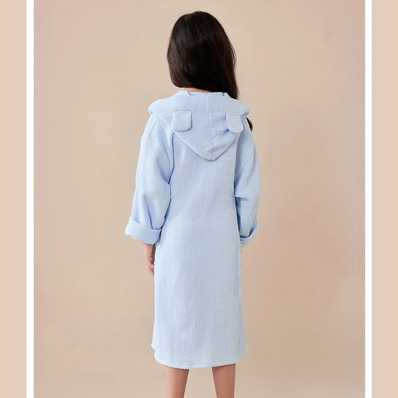 100% Cotton Waffle Kids Hooded Bathrobe Thick Soft Belted Homewear Sleepwear for Girls Boys Bear Solid Design