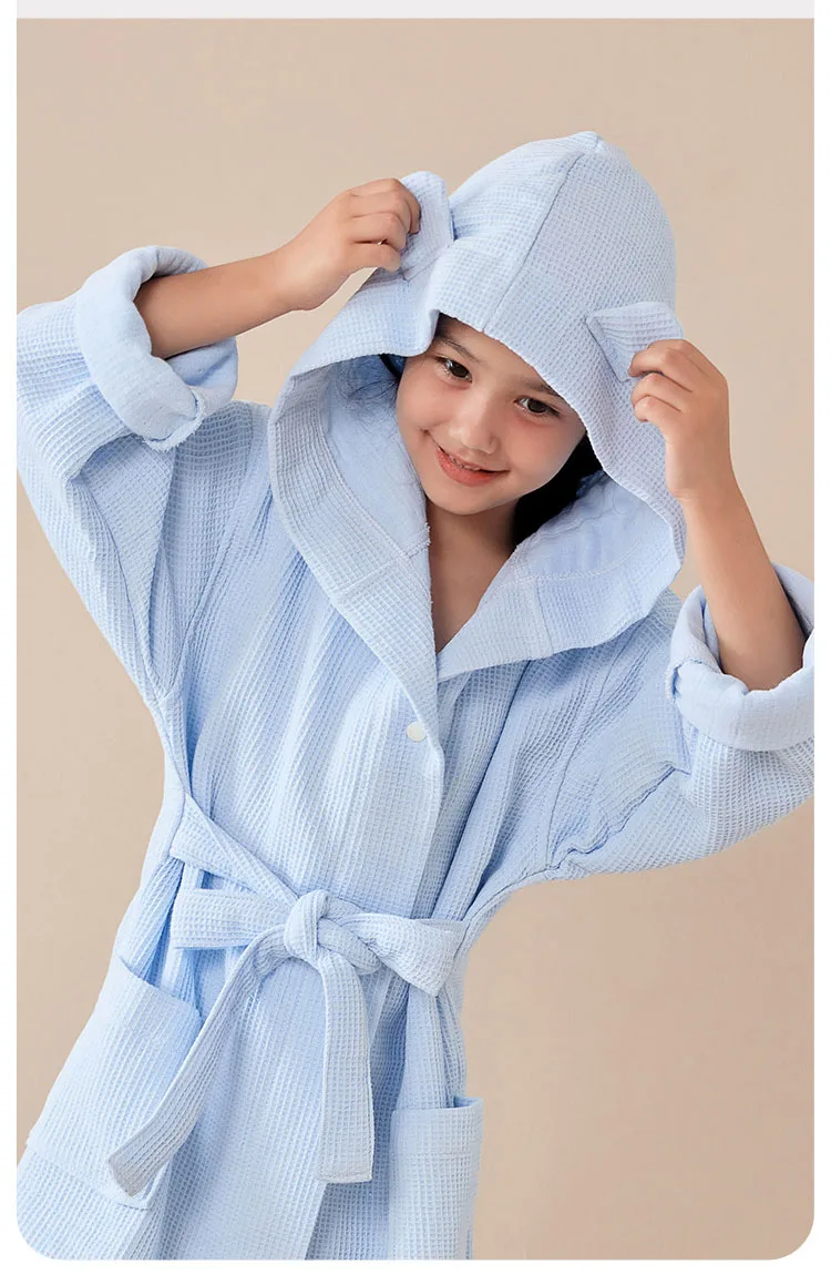 100% Cotton Waffle Kids Hooded Bathrobe Thick Soft Belted Homewear Sleepwear for Girls Boys Bear Solid Design